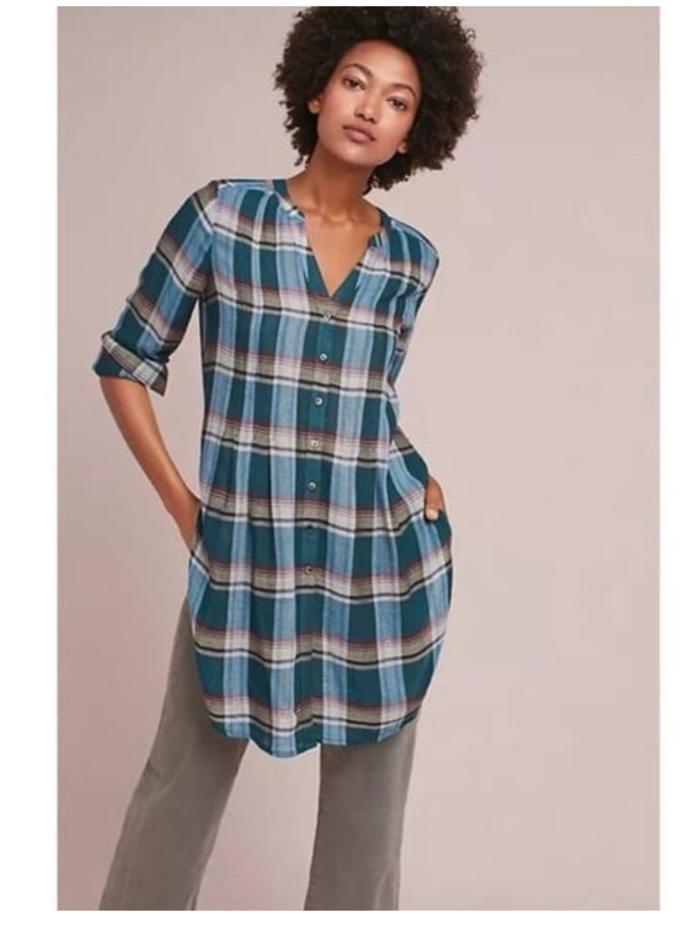 Anthropologie Akemi + Kin Lucie Plaid Teal Button-Front Tunic Shirt Dress